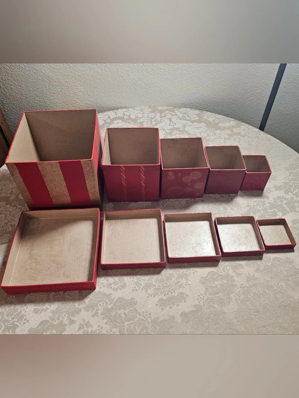 Set Of 5 Hand Painted Stacked Nesting Gift Boxes Red Gold Christmas Decor